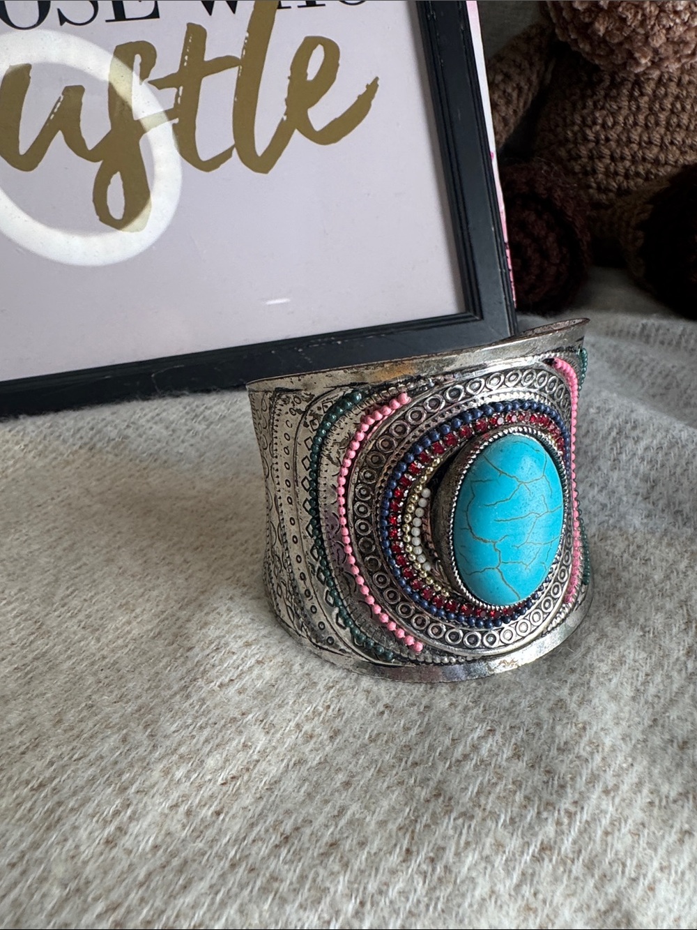 Turquoise Stone Beaded Silver Cuff Bracelet